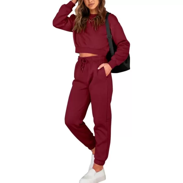 BTFBM Women 2 Piece Outfits Long Sleeve Crop Top Pullover Drawstring Pant Jogger Set Casual Sweatsuits Tracksuit PocketsSolid Wine Red