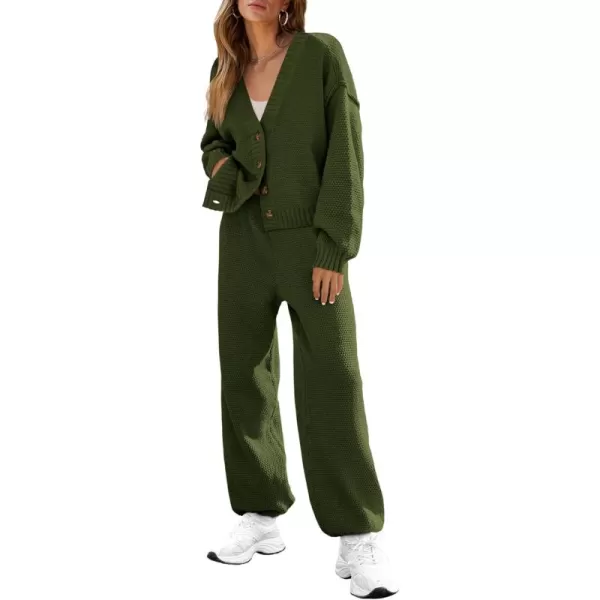 BTFBM Women 2 piece Outfits Fall Knit Sweater Sets Loose Casual Button Down Cardigan Long Pants Matching Lounge SetSolid Army Green