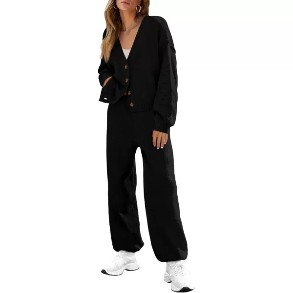BTFBM Women 2 piece Outfits Fall Knit Sweater Sets Loose Casual Button Down Cardigan Long Pants Matching Lounge SetSolid Black