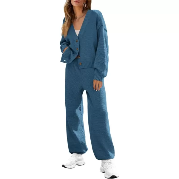 BTFBM Women 2 piece Outfits Fall Knit Sweater Sets Loose Casual Button Down Cardigan Long Pants Matching Lounge SetSolid Blue
