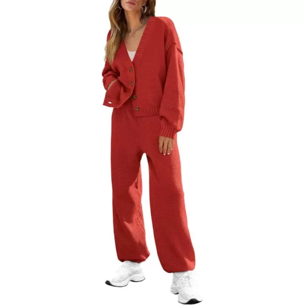 BTFBM Women 2 piece Outfits Fall Knit Sweater Sets Loose Casual Button Down Cardigan Long Pants Matching Lounge SetSolid Brick Red