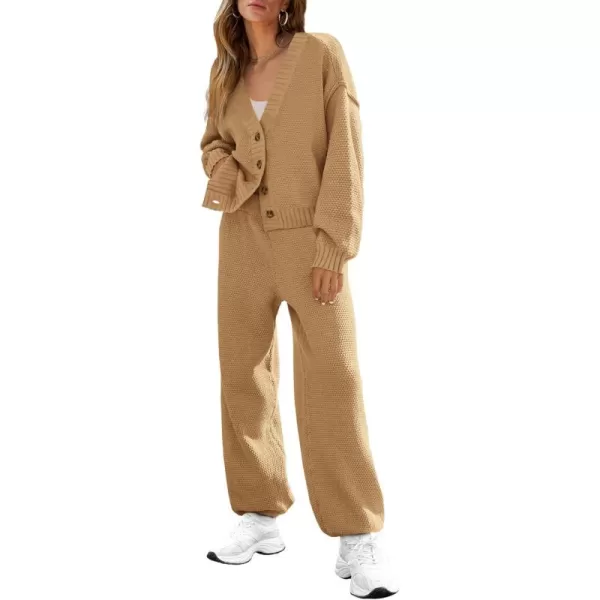 BTFBM Women 2 piece Outfits Fall Knit Sweater Sets Loose Casual Button Down Cardigan Long Pants Matching Lounge SetSolid Camel