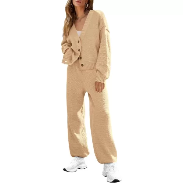 BTFBM Women 2 piece Outfits Fall Knit Sweater Sets Loose Casual Button Down Cardigan Long Pants Matching Lounge SetSolid Light Khaki
