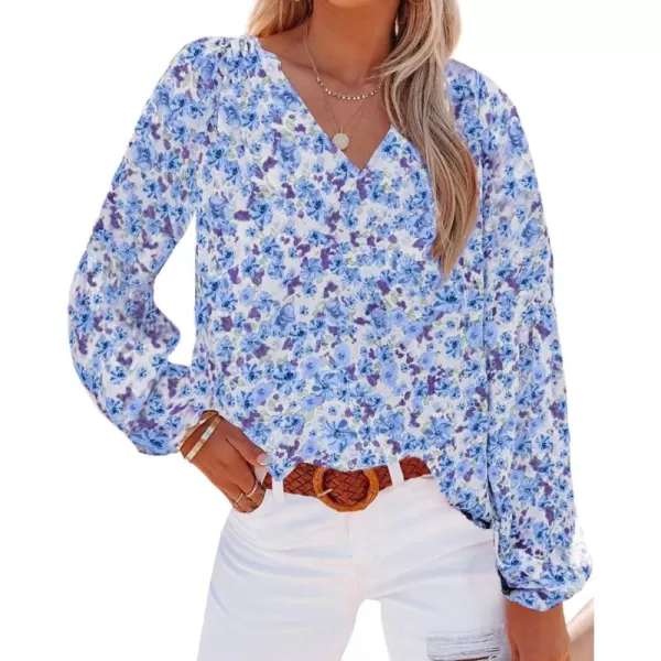 BTFBM Women Casual Boho Blouse Fashion Floral Shirts V Neck Long Puff Sleeve Lightweight Chiffon Summer Fall Tops 2024Floral Dark Blue