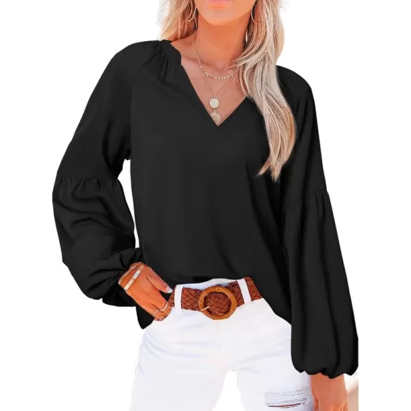 BTFBM Women Casual Boho Blouse Fashion Floral Shirts V Neck Long Puff Sleeve Lightweight Chiffon Summer Fall Tops 2024Solid Black