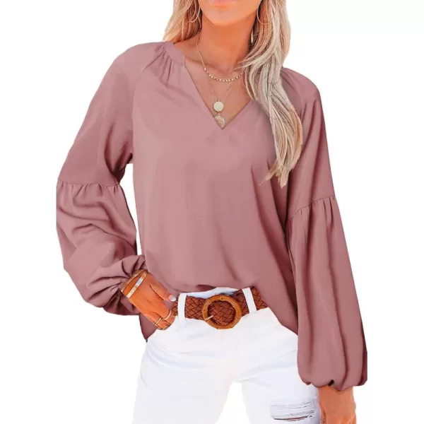BTFBM Women Casual Boho Blouse Fashion Floral Shirts V Neck Long Puff Sleeve Lightweight Chiffon Summer Fall Tops 2024Solid Dark Pink
