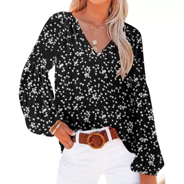 BTFBM Women Casual Boho Blouse Fashion Floral Shirts V Neck Long Puff Sleeve Lightweight Chiffon Summer Fall Tops 2024White Flower Black
