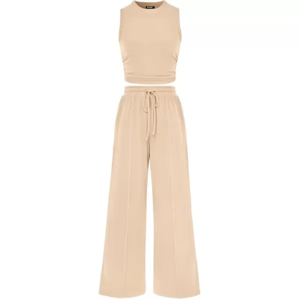 BTFBM Women Summer 2 Piece Outfits Ribbed Knit Crew Neck Sleeveless Cropped Top Elastic Waist Wide Leg Pants Lounge SetSolid Apricot