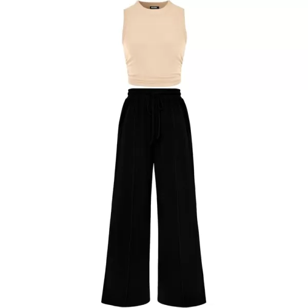 BTFBM Women Summer 2 Piece Outfits Ribbed Knit Crew Neck Sleeveless Cropped Top Elastic Waist Wide Leg Pants Lounge SetSolid Apricot Black