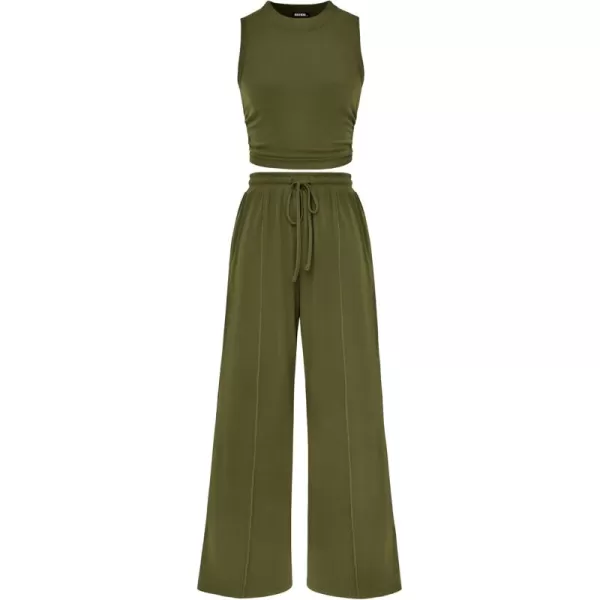 BTFBM Women Summer 2 Piece Outfits Ribbed Knit Crew Neck Sleeveless Cropped Top Elastic Waist Wide Leg Pants Lounge SetSolid Army Green