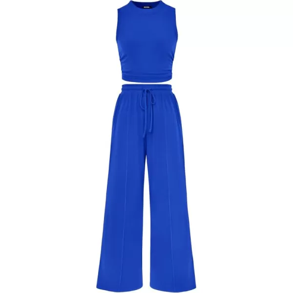 BTFBM Women Summer 2 Piece Outfits Ribbed Knit Crew Neck Sleeveless Cropped Top Elastic Waist Wide Leg Pants Lounge SetSolid Blue