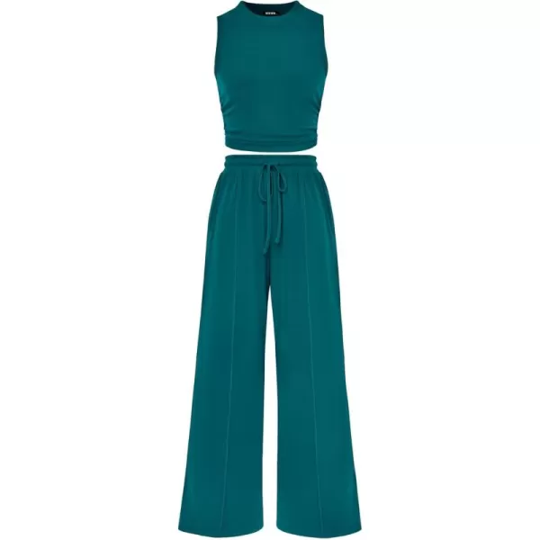 BTFBM Women Summer 2 Piece Outfits Ribbed Knit Crew Neck Sleeveless Cropped Top Elastic Waist Wide Leg Pants Lounge SetSolid Blue Green