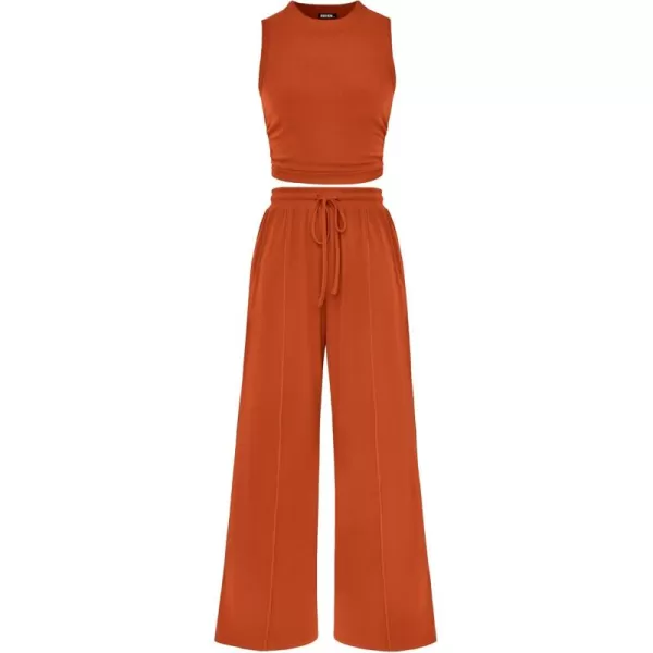BTFBM Women Summer 2 Piece Outfits Ribbed Knit Crew Neck Sleeveless Cropped Top Elastic Waist Wide Leg Pants Lounge SetSolid Brick Red