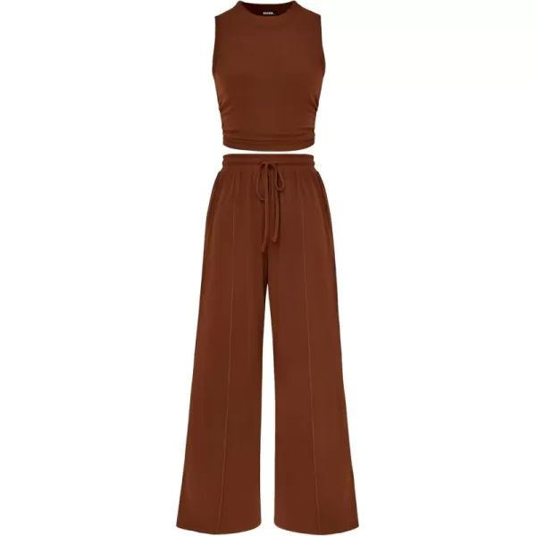 BTFBM Women Summer 2 Piece Outfits Ribbed Knit Crew Neck Sleeveless Cropped Top Elastic Waist Wide Leg Pants Lounge SetSolid Brown