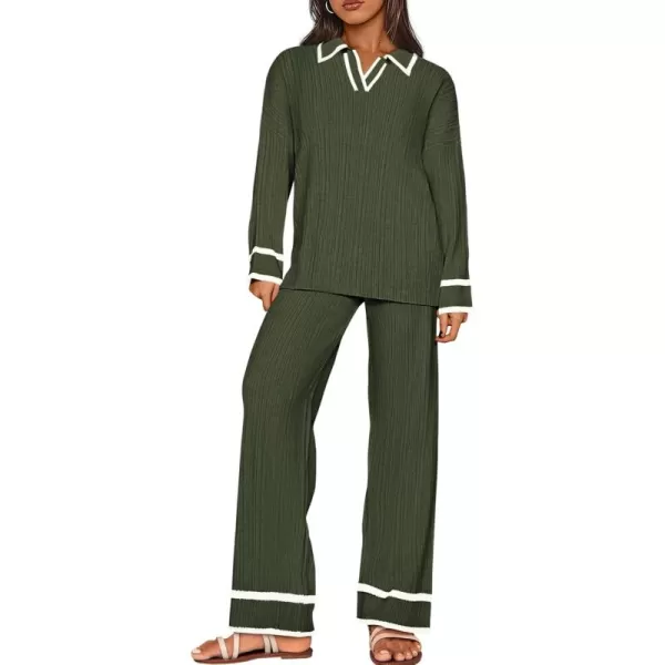 BTFBM Womens 2 Piece Outfits Fall Winter 2024 Long Sleeve V Neck Sweater and Wide Leg Pants Lounge Sets Knit TracksuitsSolid Army Green