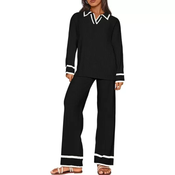 BTFBM Womens 2 Piece Outfits Fall Winter 2024 Long Sleeve V Neck Sweater and Wide Leg Pants Lounge Sets Knit TracksuitsSolid Black