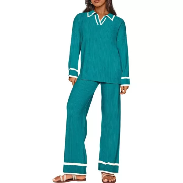 BTFBM Womens 2 Piece Outfits Fall Winter 2024 Long Sleeve V Neck Sweater and Wide Leg Pants Lounge Sets Knit TracksuitsSolid Blue Green