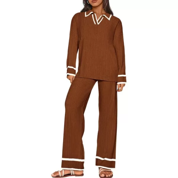 BTFBM Womens 2 Piece Outfits Fall Winter 2024 Long Sleeve V Neck Sweater and Wide Leg Pants Lounge Sets Knit TracksuitsSolid Caramel