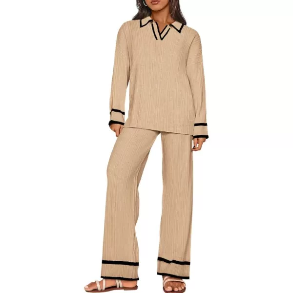 BTFBM Womens 2 Piece Outfits Fall Winter 2024 Long Sleeve V Neck Sweater and Wide Leg Pants Lounge Sets Knit TracksuitsSolid Khaki