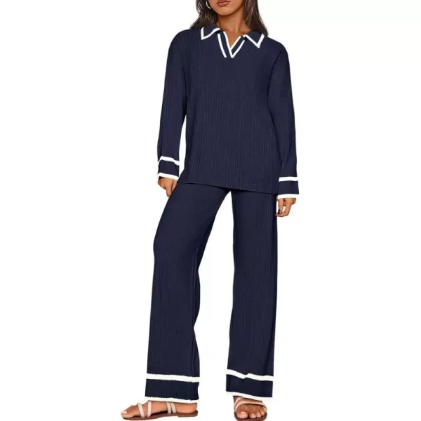 BTFBM Womens 2 Piece Outfits Fall Winter 2024 Long Sleeve V Neck Sweater and Wide Leg Pants Lounge Sets Knit TracksuitsSolid Navy