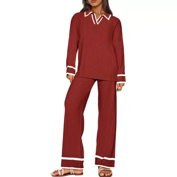 BTFBM Womens 2 Piece Outfits Fall Winter 2024 Long Sleeve V Neck Sweater and Wide Leg Pants Lounge Sets Knit TracksuitsSolid Rust Red