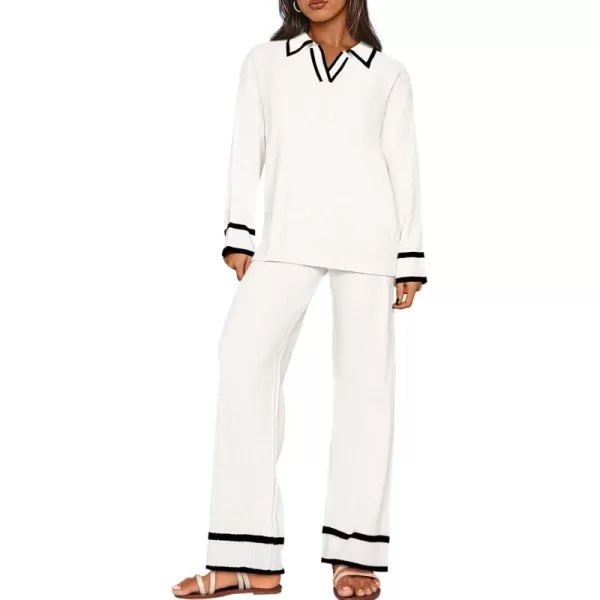 BTFBM Womens 2 Piece Outfits Fall Winter 2024 Long Sleeve V Neck Sweater and Wide Leg Pants Lounge Sets Knit TracksuitsSolid White