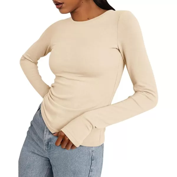 BTFBM Womens Casual Tops Fall Winter 2024 Long Sleeve Crew Neck Workout Stretchy Slim Fit Basic Y2K Going Out ShirtSolid Beige