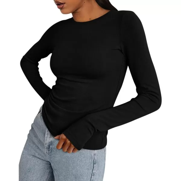 BTFBM Womens Casual Tops Fall Winter 2024 Long Sleeve Crew Neck Workout Stretchy Slim Fit Basic Y2K Going Out ShirtSolid Black