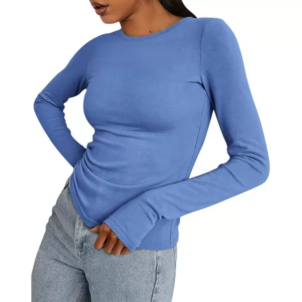 BTFBM Womens Casual Tops Fall Winter 2024 Long Sleeve Crew Neck Workout Stretchy Slim Fit Basic Y2K Going Out ShirtSolid Blue