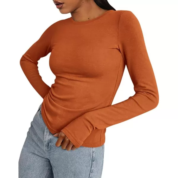 BTFBM Womens Casual Tops Fall Winter 2024 Long Sleeve Crew Neck Workout Stretchy Slim Fit Basic Y2K Going Out ShirtSolid Brick Red