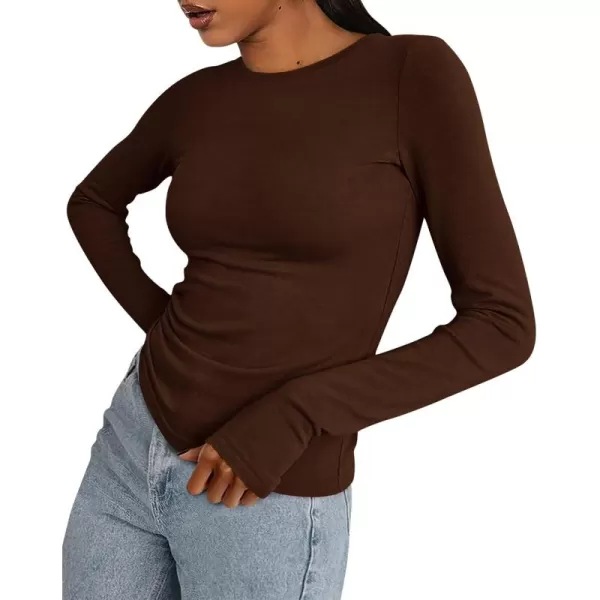 BTFBM Womens Casual Tops Fall Winter 2024 Long Sleeve Crew Neck Workout Stretchy Slim Fit Basic Y2K Going Out ShirtSolid Coffee