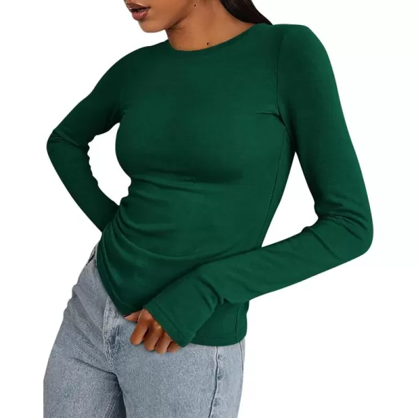 BTFBM Womens Casual Tops Fall Winter 2024 Long Sleeve Crew Neck Workout Stretchy Slim Fit Basic Y2K Going Out ShirtSolid Green