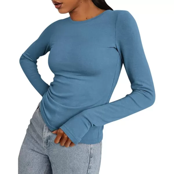BTFBM Womens Casual Tops Fall Winter 2024 Long Sleeve Crew Neck Workout Stretchy Slim Fit Basic Y2K Going Out ShirtSolid Grey Blue