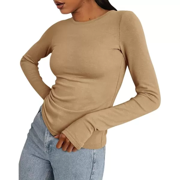 BTFBM Womens Casual Tops Fall Winter 2024 Long Sleeve Crew Neck Workout Stretchy Slim Fit Basic Y2K Going Out ShirtSolid Khaki