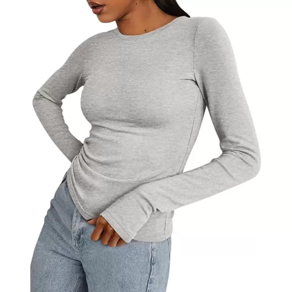 BTFBM Womens Casual Tops Fall Winter 2024 Long Sleeve Crew Neck Workout Stretchy Slim Fit Basic Y2K Going Out ShirtSolid Light Grey