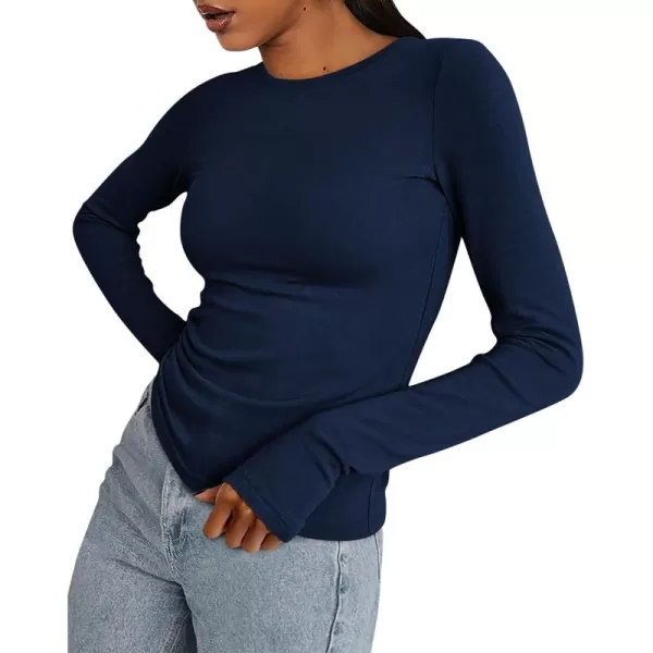 BTFBM Womens Casual Tops Fall Winter 2024 Long Sleeve Crew Neck Workout Stretchy Slim Fit Basic Y2K Going Out ShirtSolid Navy