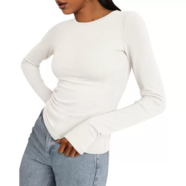 BTFBM Womens Casual Tops Fall Winter 2024 Long Sleeve Crew Neck Workout Stretchy Slim Fit Basic Y2K Going Out ShirtSolid White