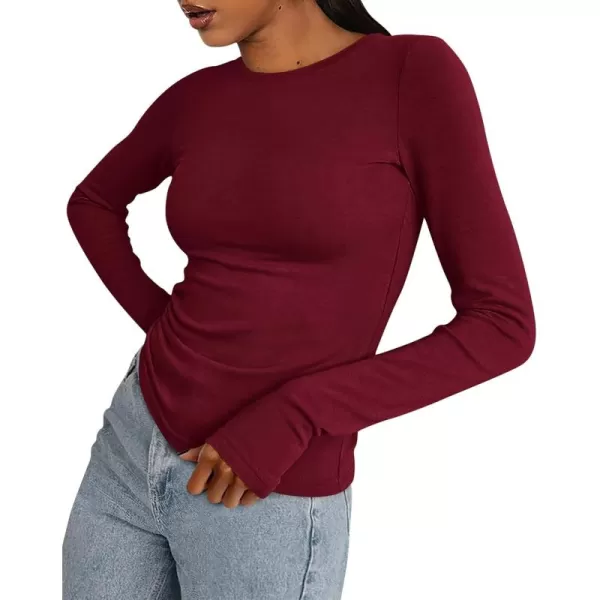 BTFBM Womens Casual Tops Fall Winter 2024 Long Sleeve Crew Neck Workout Stretchy Slim Fit Basic Y2K Going Out ShirtSolid Wine Red