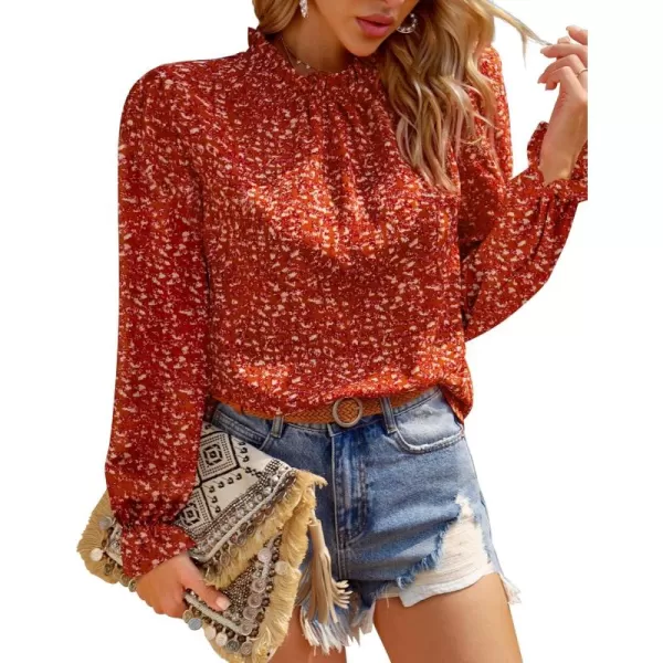 BTFBM Womens Long Sleeve Blouses Casual Boho Tops Frill Trim Mock Neck Floral Print 2024 Summer Fall Shirts Blouse TopFloral Orange Red