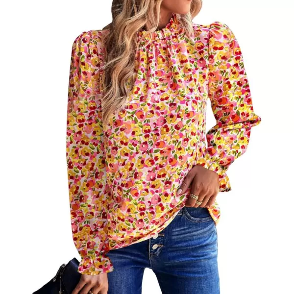 BTFBM Womens Long Sleeve Blouses Casual Boho Tops Frill Trim Mock Neck Floral Print 2024 Summer Fall Shirts Blouse TopFloral Pink