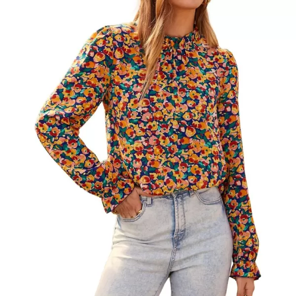 BTFBM Womens Long Sleeve Blouses Casual Boho Tops Frill Trim Mock Neck Floral Print 2024 Summer Fall Shirts Blouse TopFloral Royal Blue