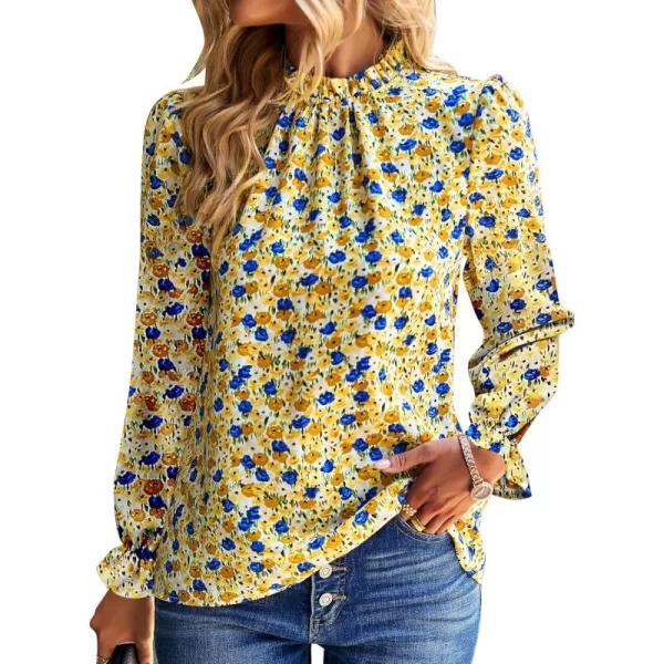 BTFBM Womens Long Sleeve Blouses Casual Boho Tops Frill Trim Mock Neck Floral Print 2024 Summer Fall Shirts Blouse TopFloral Yellow