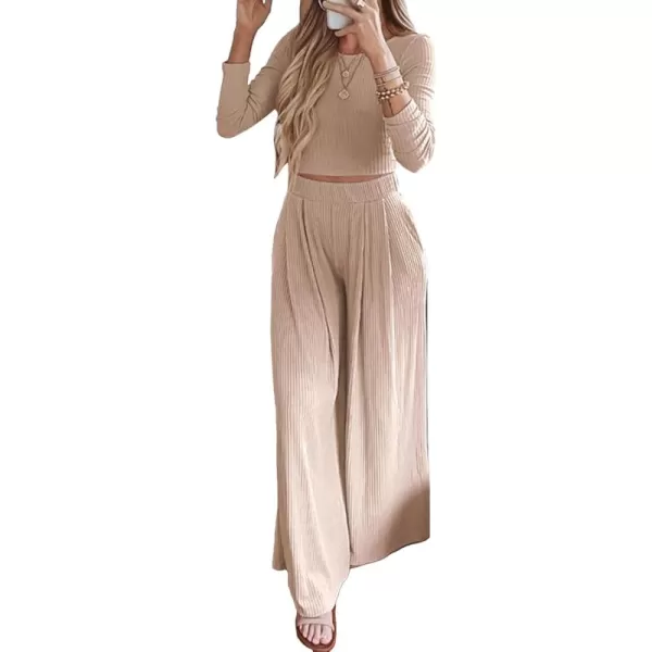 BTFBM Womens Two Piece Lounge Set Long Sleeve Bodycon Ribbed Knit Crop Top Loose Wide Leg Pant Casual Outfits SweatsuitSolid Apricot