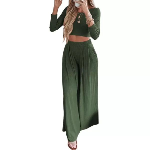 BTFBM Womens Two Piece Lounge Set Long Sleeve Bodycon Ribbed Knit Crop Top Loose Wide Leg Pant Casual Outfits SweatsuitSolid Army Green