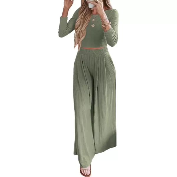 BTFBM Womens Two Piece Lounge Set Long Sleeve Bodycon Ribbed Knit Crop Top Loose Wide Leg Pant Casual Outfits SweatsuitSolid Bean Green