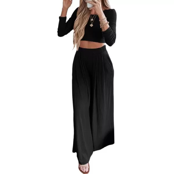 BTFBM Womens Two Piece Lounge Set Long Sleeve Bodycon Ribbed Knit Crop Top Loose Wide Leg Pant Casual Outfits SweatsuitSolid Black