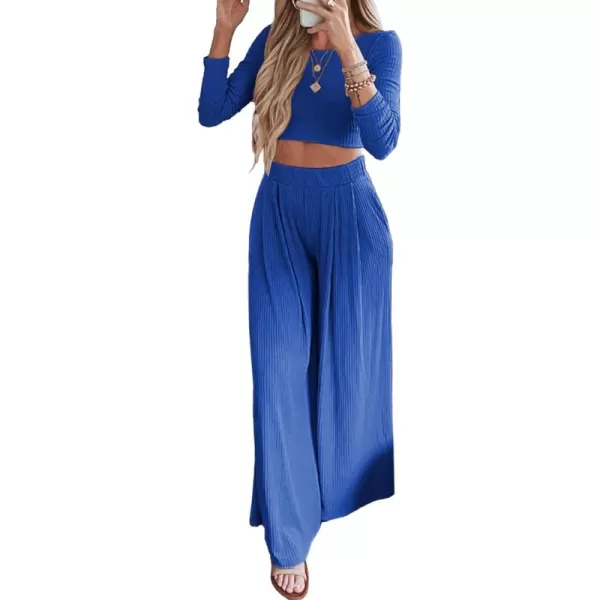 BTFBM Womens Two Piece Lounge Set Long Sleeve Bodycon Ribbed Knit Crop Top Loose Wide Leg Pant Casual Outfits SweatsuitSolid Blue