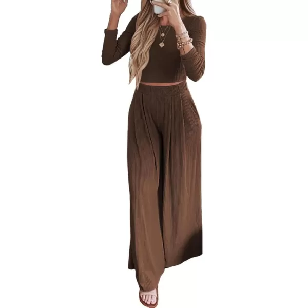 BTFBM Womens Two Piece Lounge Set Long Sleeve Bodycon Ribbed Knit Crop Top Loose Wide Leg Pant Casual Outfits SweatsuitSolid Brown