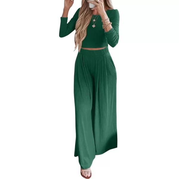 BTFBM Womens Two Piece Lounge Set Long Sleeve Bodycon Ribbed Knit Crop Top Loose Wide Leg Pant Casual Outfits SweatsuitSolid Dark Green
