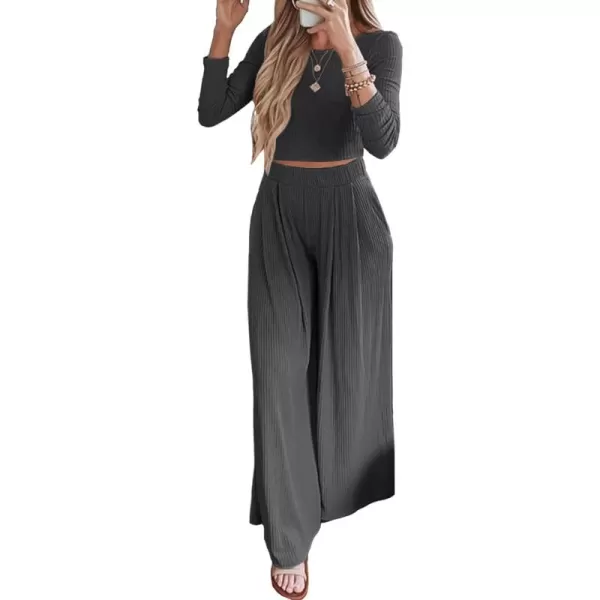 BTFBM Womens Two Piece Lounge Set Long Sleeve Bodycon Ribbed Knit Crop Top Loose Wide Leg Pant Casual Outfits SweatsuitSolid Dark Grey